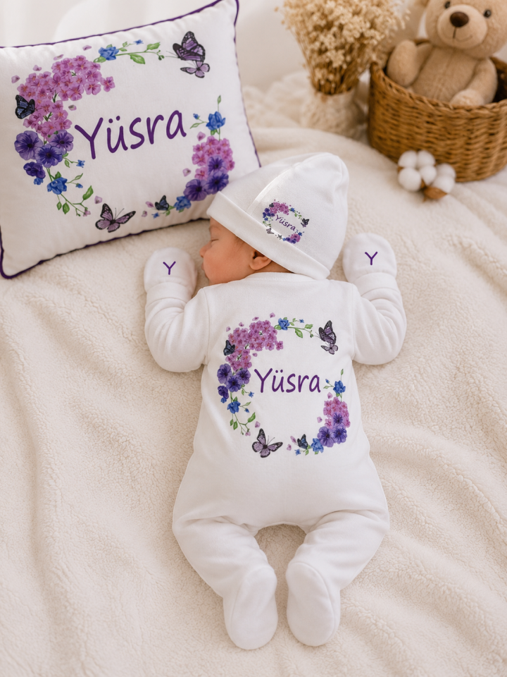 12 Parça Baskılı Mor Çiçek Desenli Hastane Çıkış Set