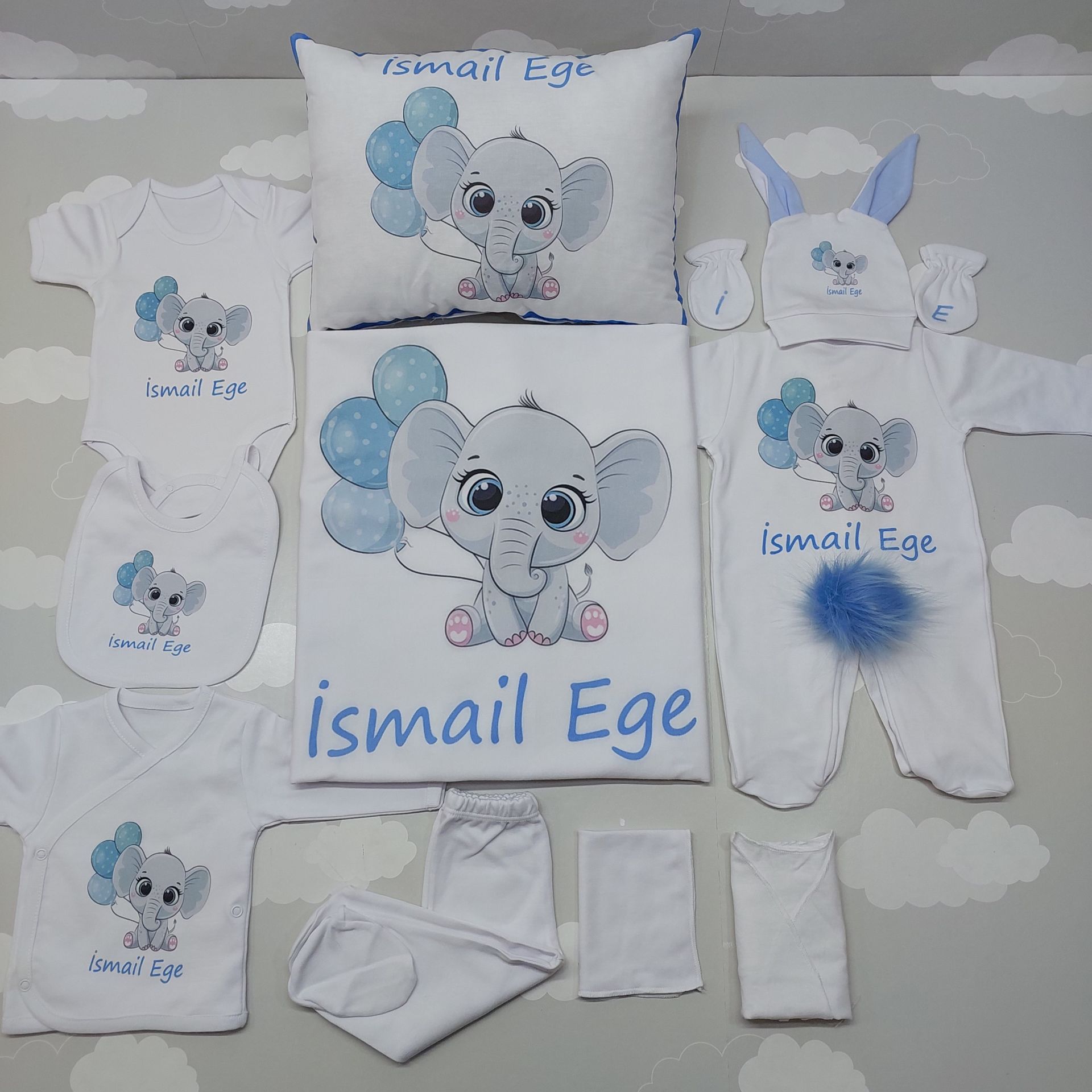 12 Parça Baskılı Fil Desenli Hastane Çıkış Set