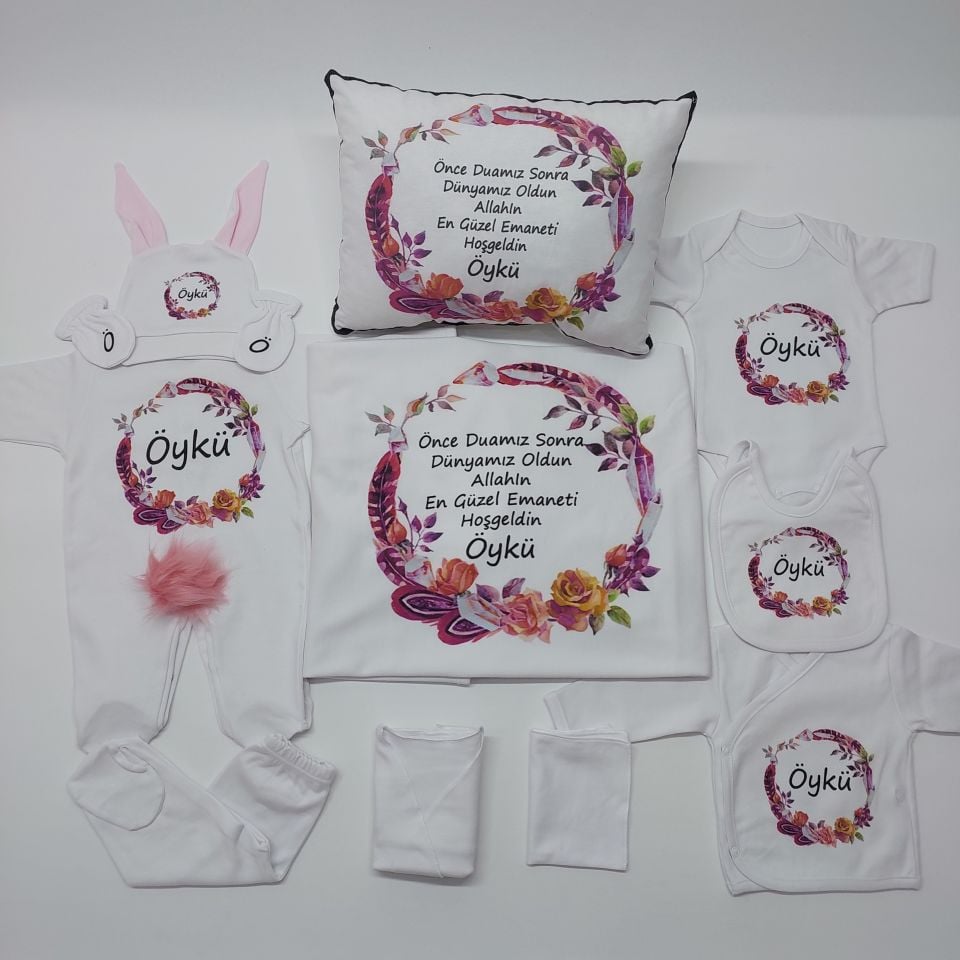 12 Parça Baskılı Pembe Çerçeve Desenli Hastane Çıkış Set