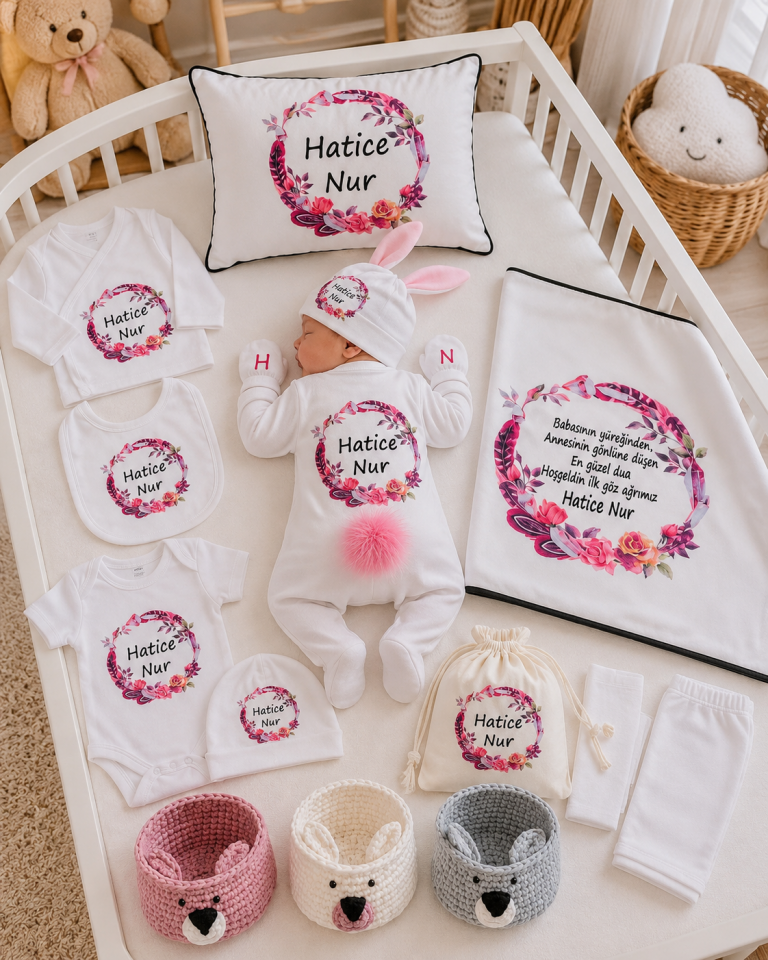 12 Parça Baskılı Pembe Çerçeve Desenli Hastane Çıkış Set