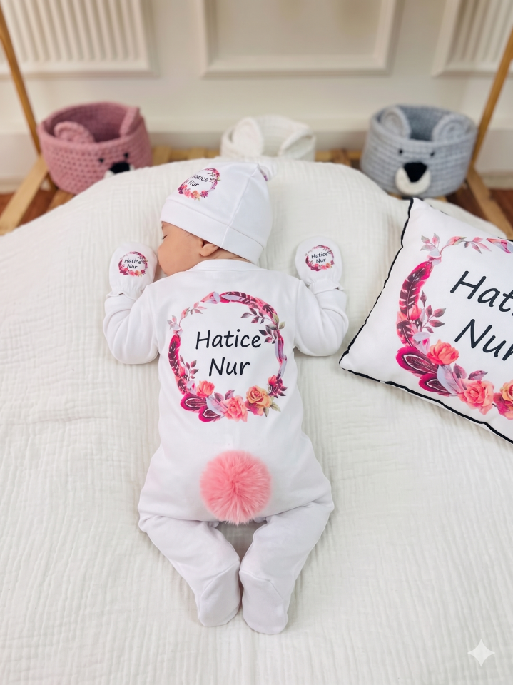 12 Parça Baskılı Pembe Çerçeve Desenli Hastane Çıkış Set