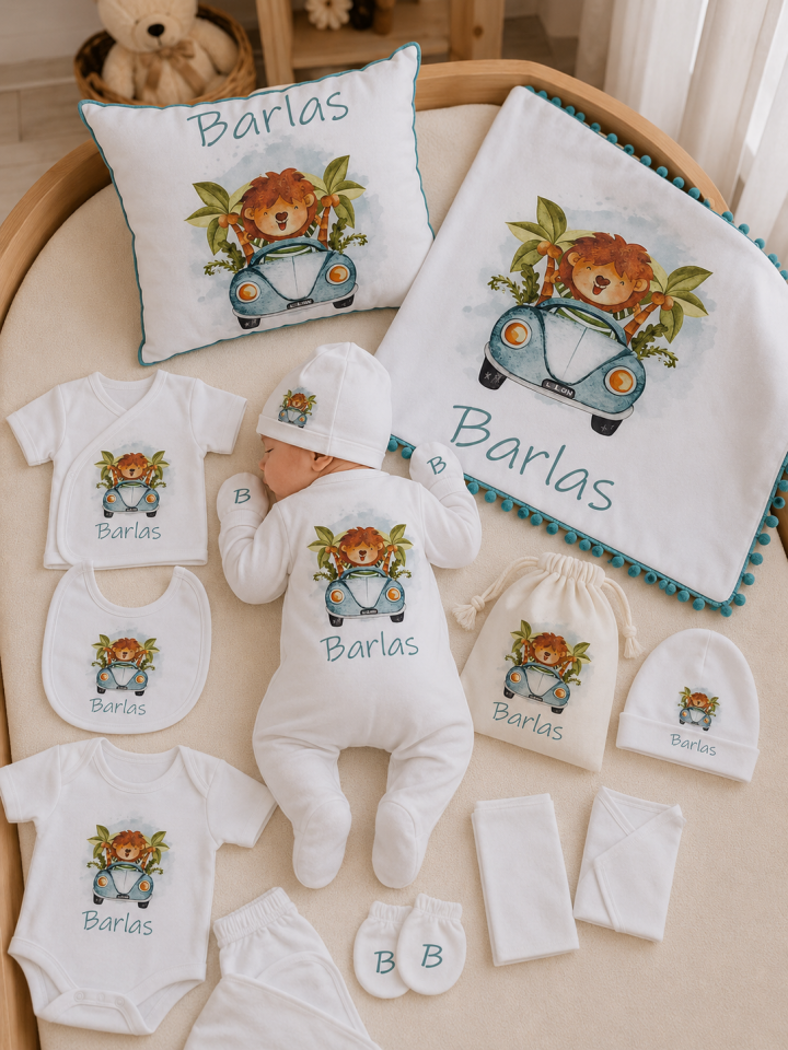 12 Parça Baskılı Arabalı Aslan Desenli Hastane Çıkış Set
