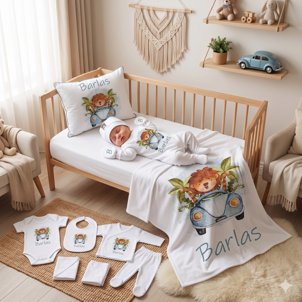 12 Parça Baskılı Arabalı Aslan Desenli Hastane Çıkış Set
