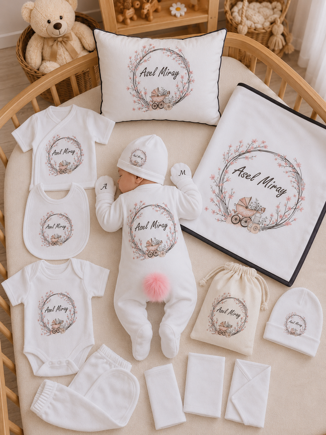 12 Parça Baskılı Bebek Arabası Desenli Hastane Çıkış Set