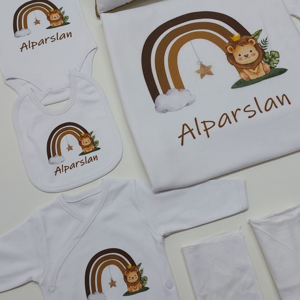 12 Parça Baskılı Gökkuşağı Aslan Desenli Hastane Çıkış Set