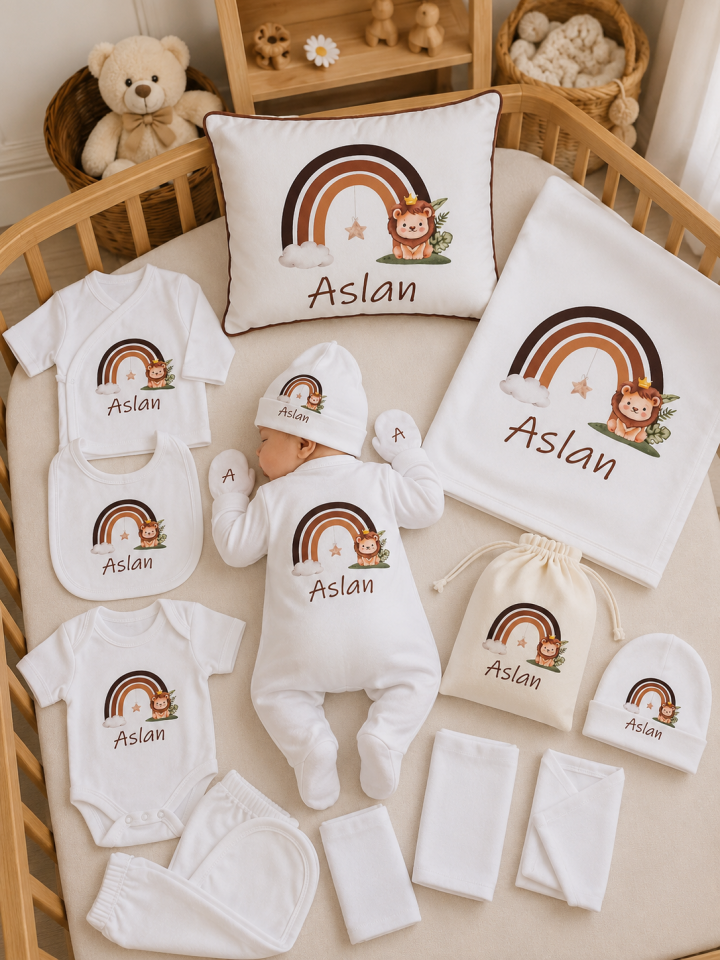 12 Parça Baskılı Gökkuşağı Aslan Desenli Hastane Çıkış Set