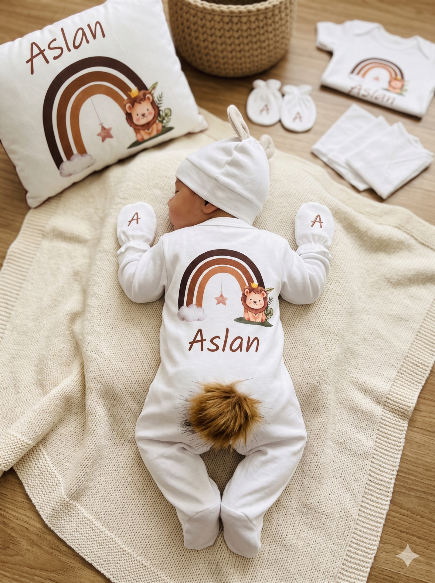 12 Parça Baskılı Gökkuşağı Aslan Desenli Hastane Çıkış Set