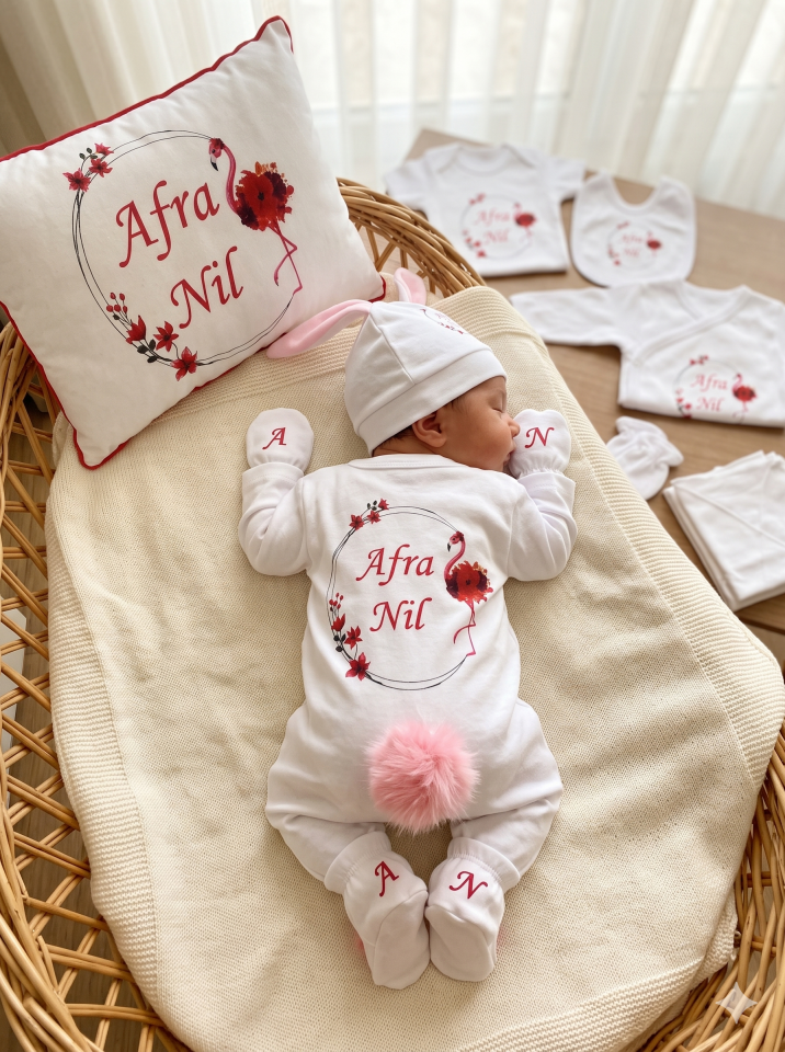 12 Parça Baskılı Flamingo Desenli Hastane Çıkış Set