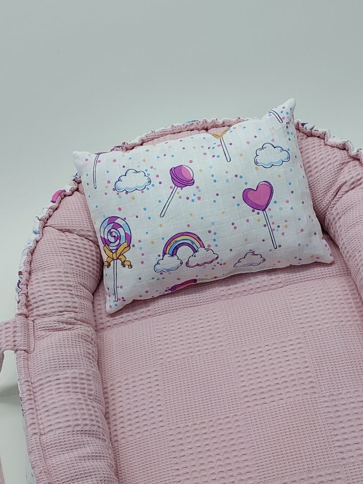 Pembe Kalpli Şekerli Babynest Bebek Yatağı ve Yastığı