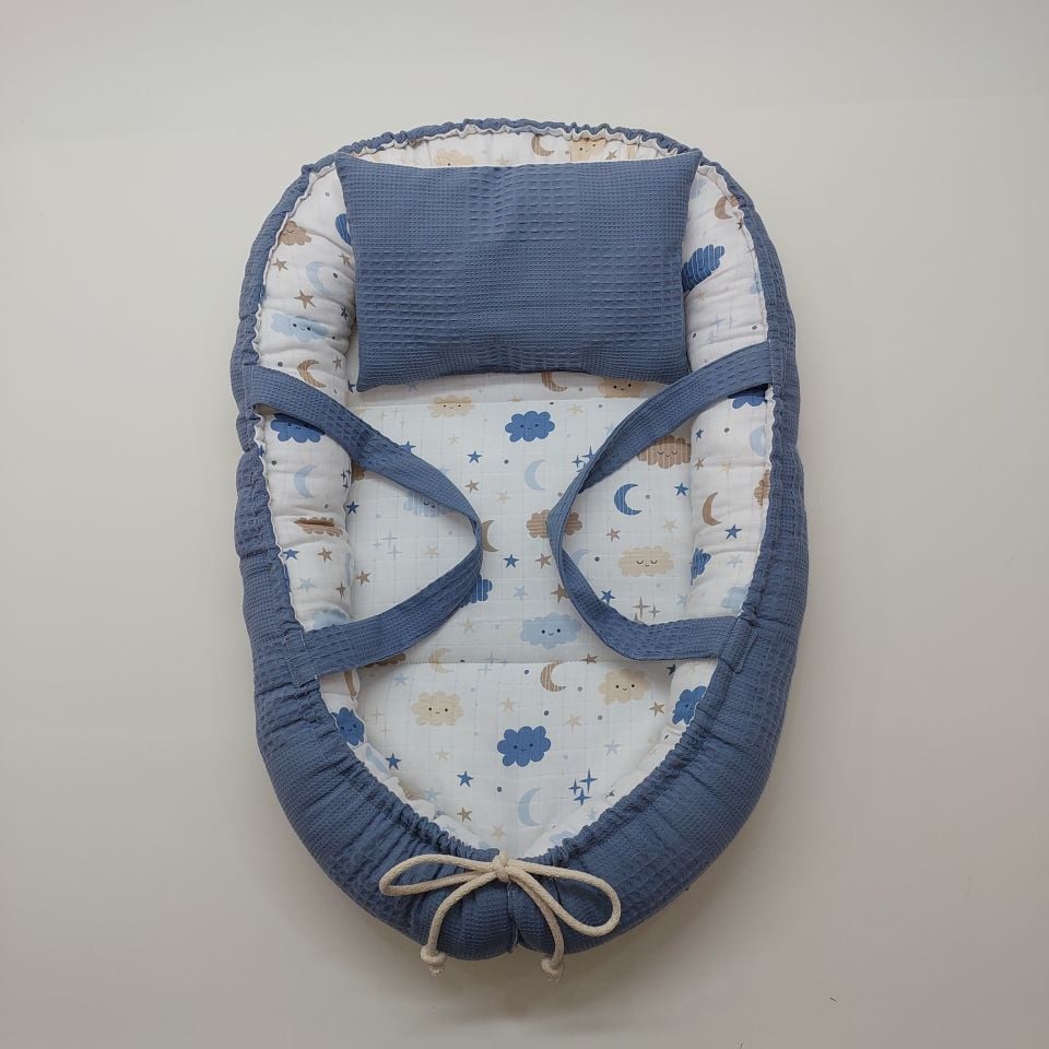 İndigo Bulut ve Yıldız Desen Babynest Bebek Yatak ve Yastığı
