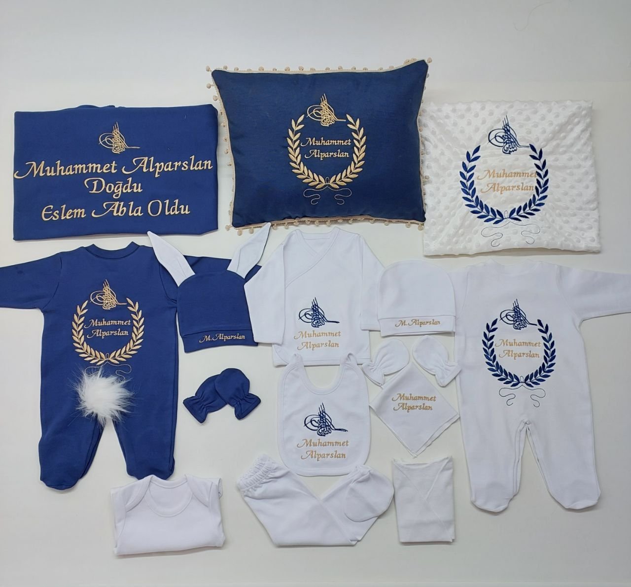 Nakış Lacivert Gold Tuğra Desen 15 Parça Hastane Çıkış Seti