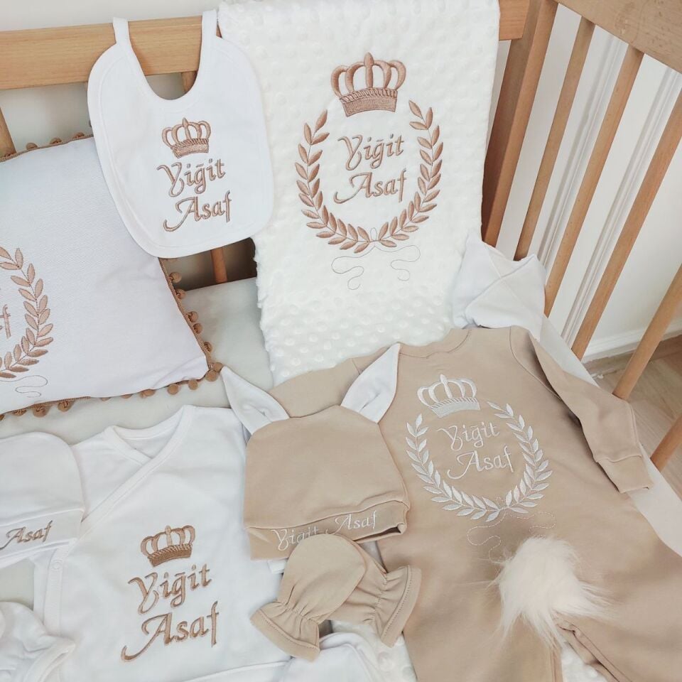 Nakışlı Latte Beyaz Desenli 16 Parça Hastane Çıkış Seti