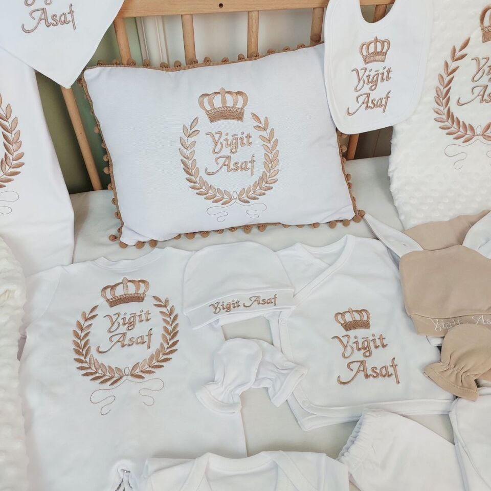 Nakışlı Latte Beyaz Desenli 16 Parça Hastane Çıkış Seti