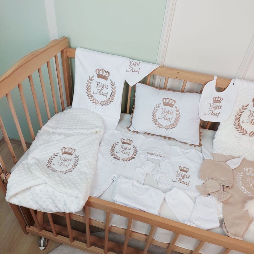 Nakışlı Latte Beyaz Desenli 16 Parça Hastane Çıkış Seti