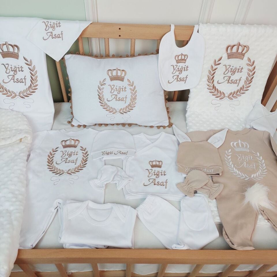 Nakışlı Latte Beyaz Desenli 16 Parça Hastane Çıkış Seti