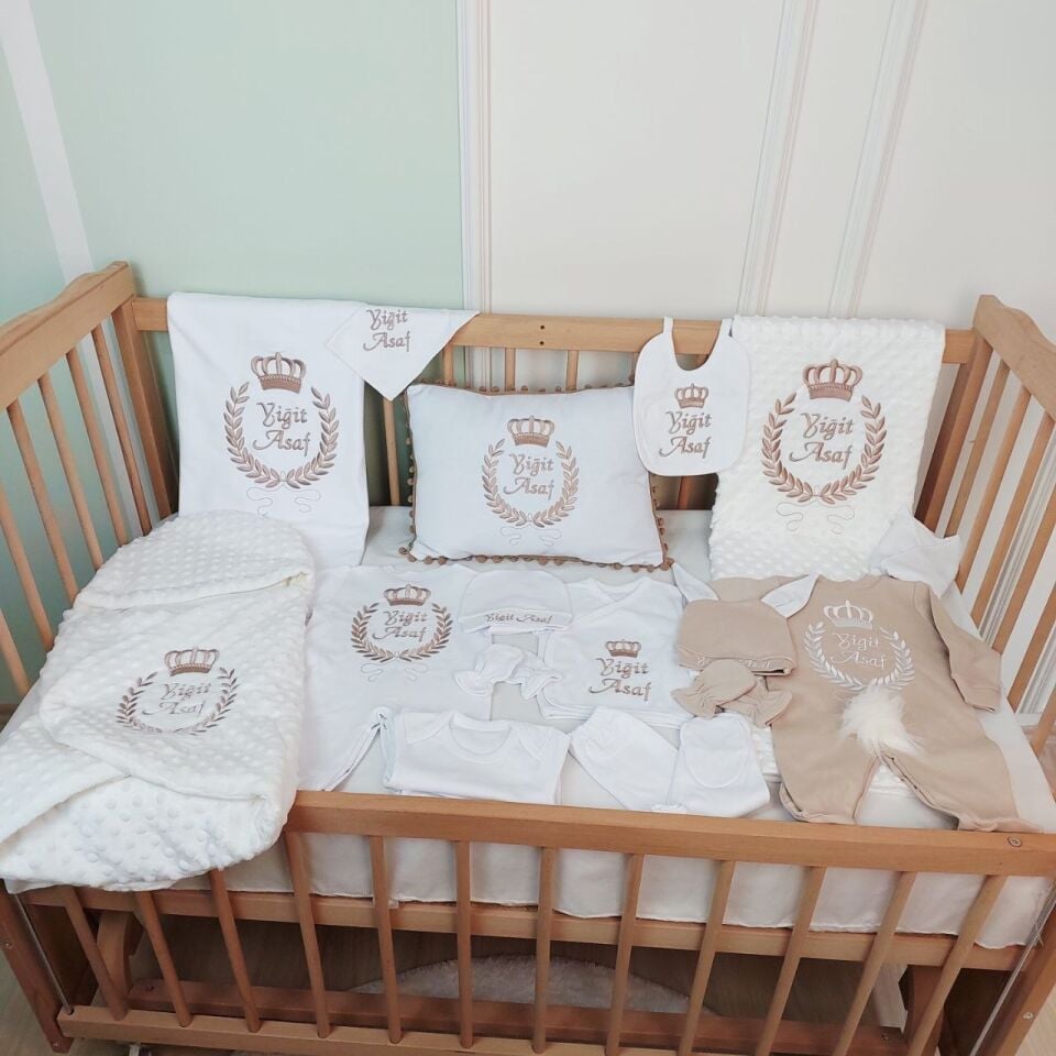 Nakışlı Latte Beyaz Desenli 16 Parça Hastane Çıkış Seti