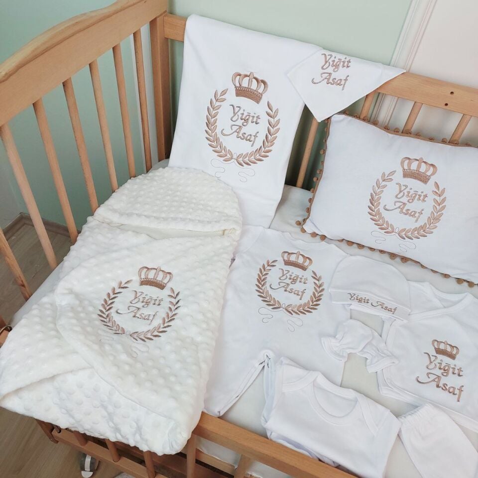 Nakışlı Latte Beyaz Desenli 16 Parça Hastane Çıkış Seti