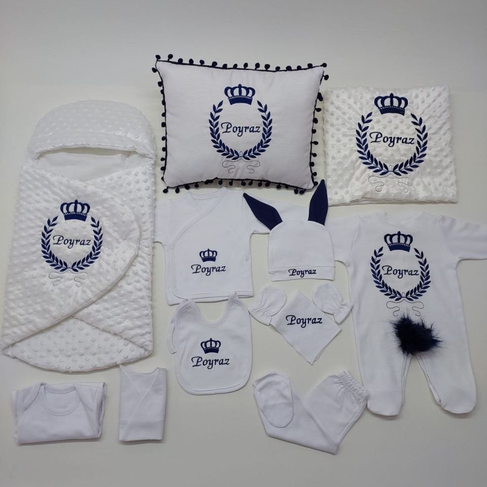 Avantajlı 12 Parça Beyaz Lacivert Nakışlı Set