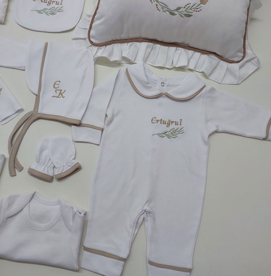 Latte Biyeli Nakışlı Tavşan Desenli Hastane Çıkış Seti