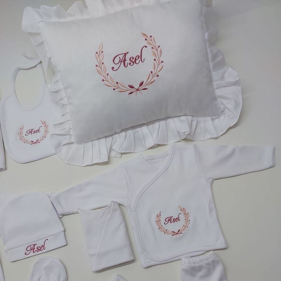 Nakış Yaprak Çerçeve Desen Hastane Çıkış Set Yastık Tam Set