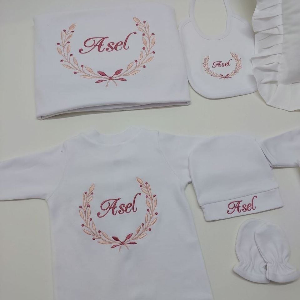 Nakış Yaprak Çerçeve Desen Hastane Çıkış Set Yastık Tam Set