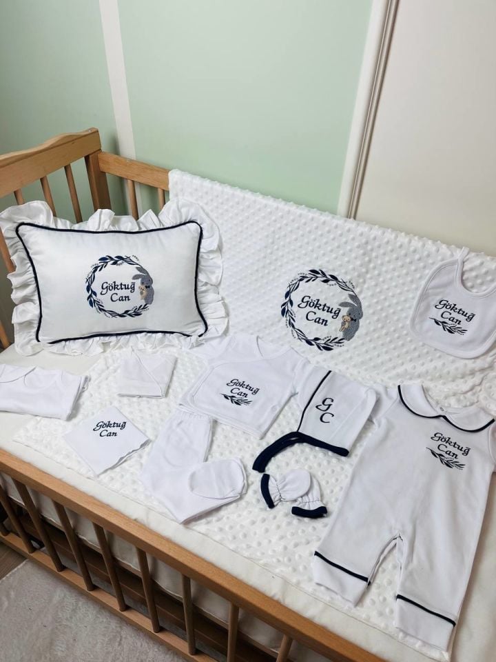 Lacivert Biyeli Nakışlı Tavşan Desenli Hastane Çıkış Seti