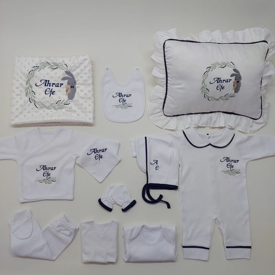 Lacivert Biyeli Nakışlı Tavşan Desenli Hastane Çıkış Seti