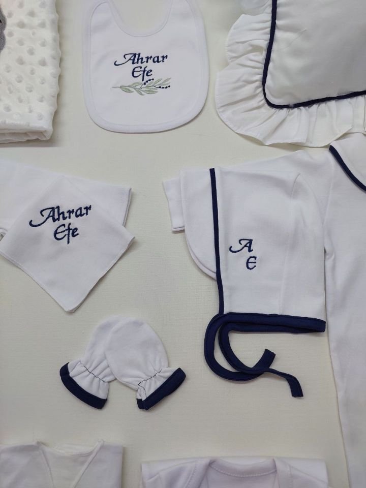 Lacivert Biyeli Nakışlı Tavşan Desenli Hastane Çıkış Seti