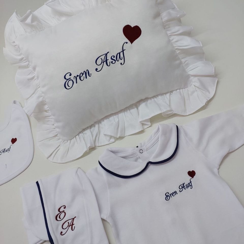 Lacivert Biyeli Nakışlı İsimli Kalp Detay Hastane Çıkış Seti