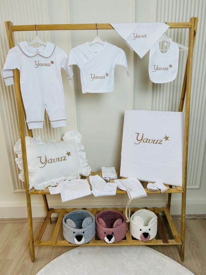 Latte Biyeli Nakışlı Yıldız Desenli Hastane Çıkış Seti