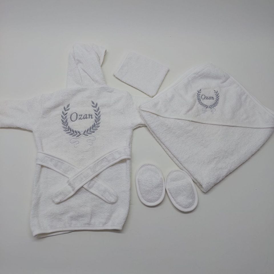 Beyaz Gri Başak Desenli Bornoz Takımı