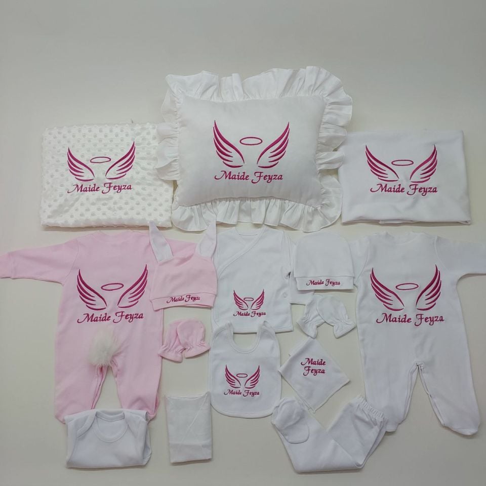 Nakışlı 15 Parça Pembe Kanat Desenli Hastane Çıkış Seti