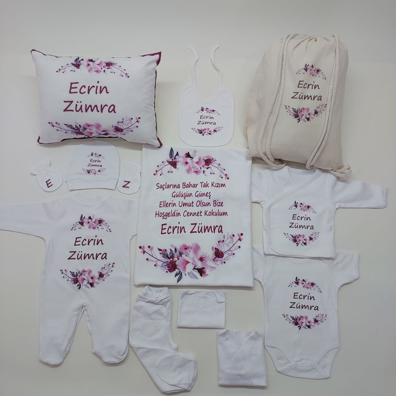 12 Parça Baskılı Pembe Çiçek Desenli Hastane Çıkış Set