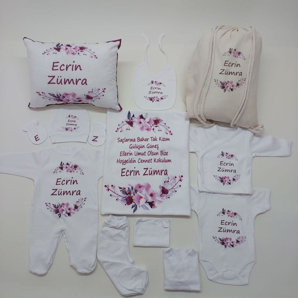 12 Parça Baskılı Pembe Çiçek Desenli Hastane Çıkış Set