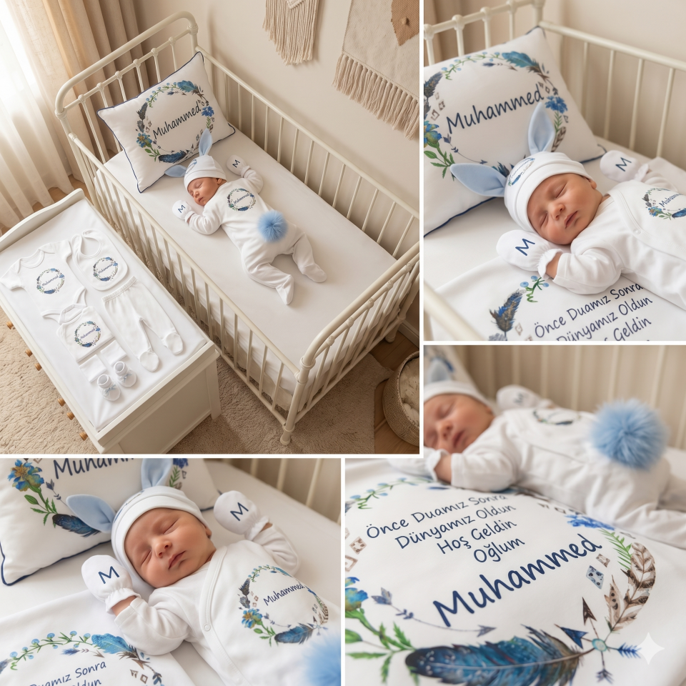 12 Parça Baskılı Mavi Desenli Hastane Çıkış Set