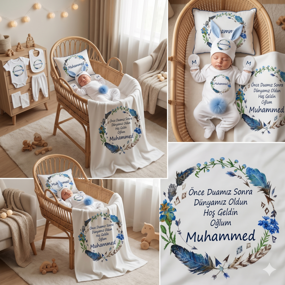12 Parça Baskılı Mavi Desenli Hastane Çıkış Set