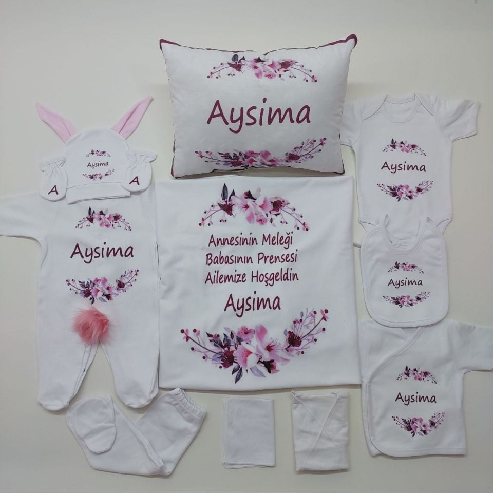 12 Parça Baskılı Pembe Çiçek Desenli Hastane Çıkış Set