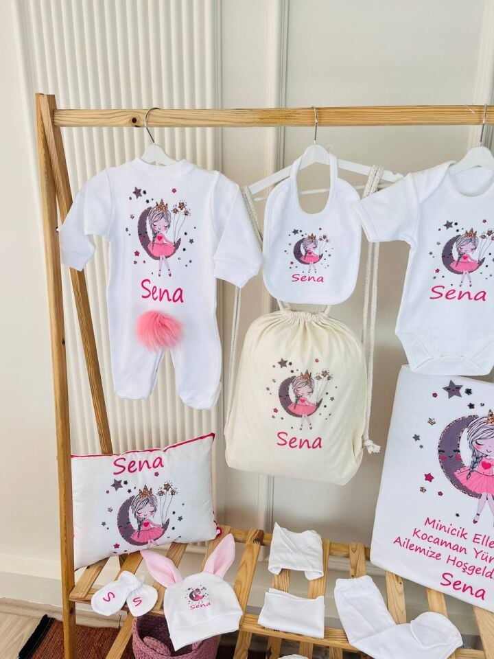 12 Parça Baskılı Pembe Desenli Hastane Çıkış Set