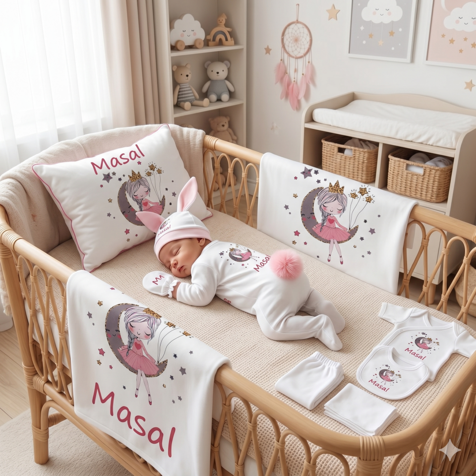 12 Parça Baskılı Pembe Desenli Hastane Çıkış Set