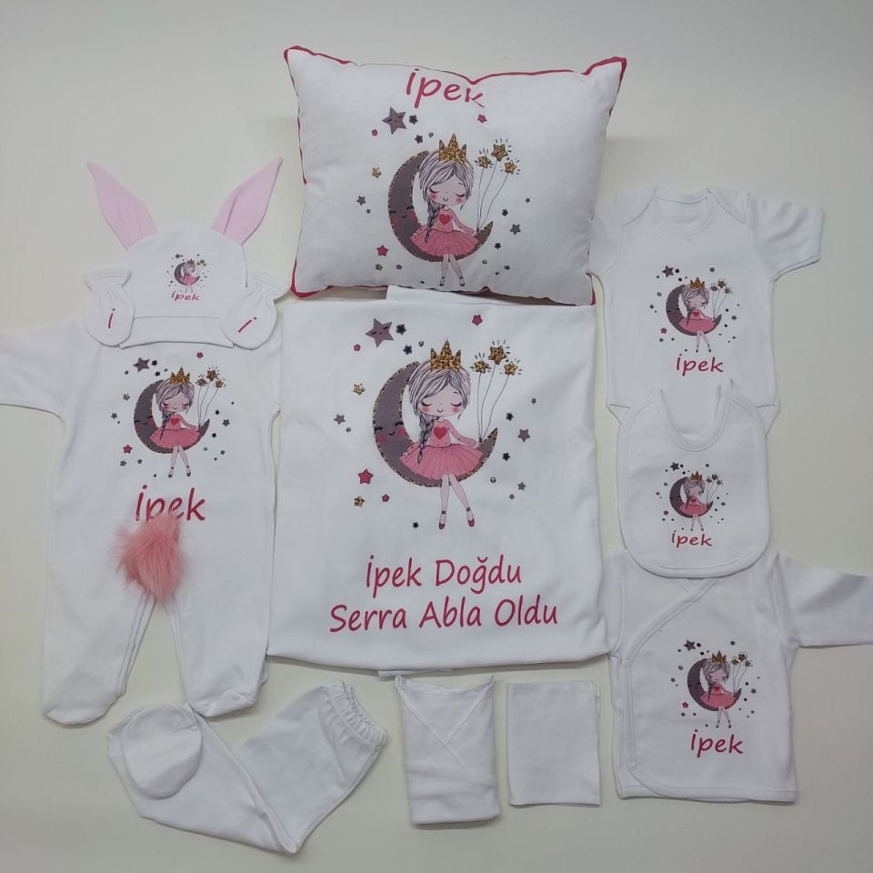 12 Parça Baskılı Pembe Desenli Hastane Çıkış Set