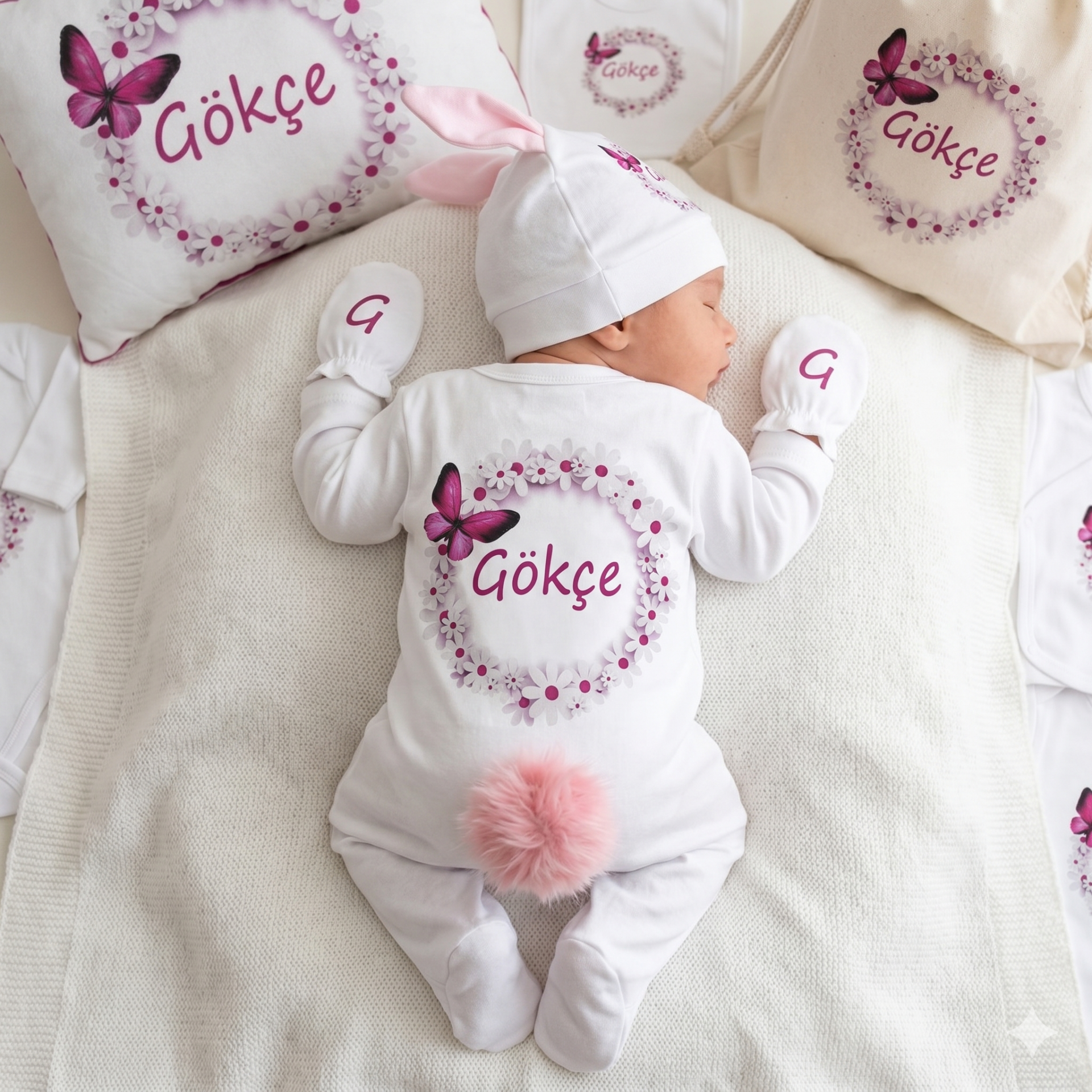 12 Parça Baskılı Pembe Kelebek Desenli Hastane Çıkış Set