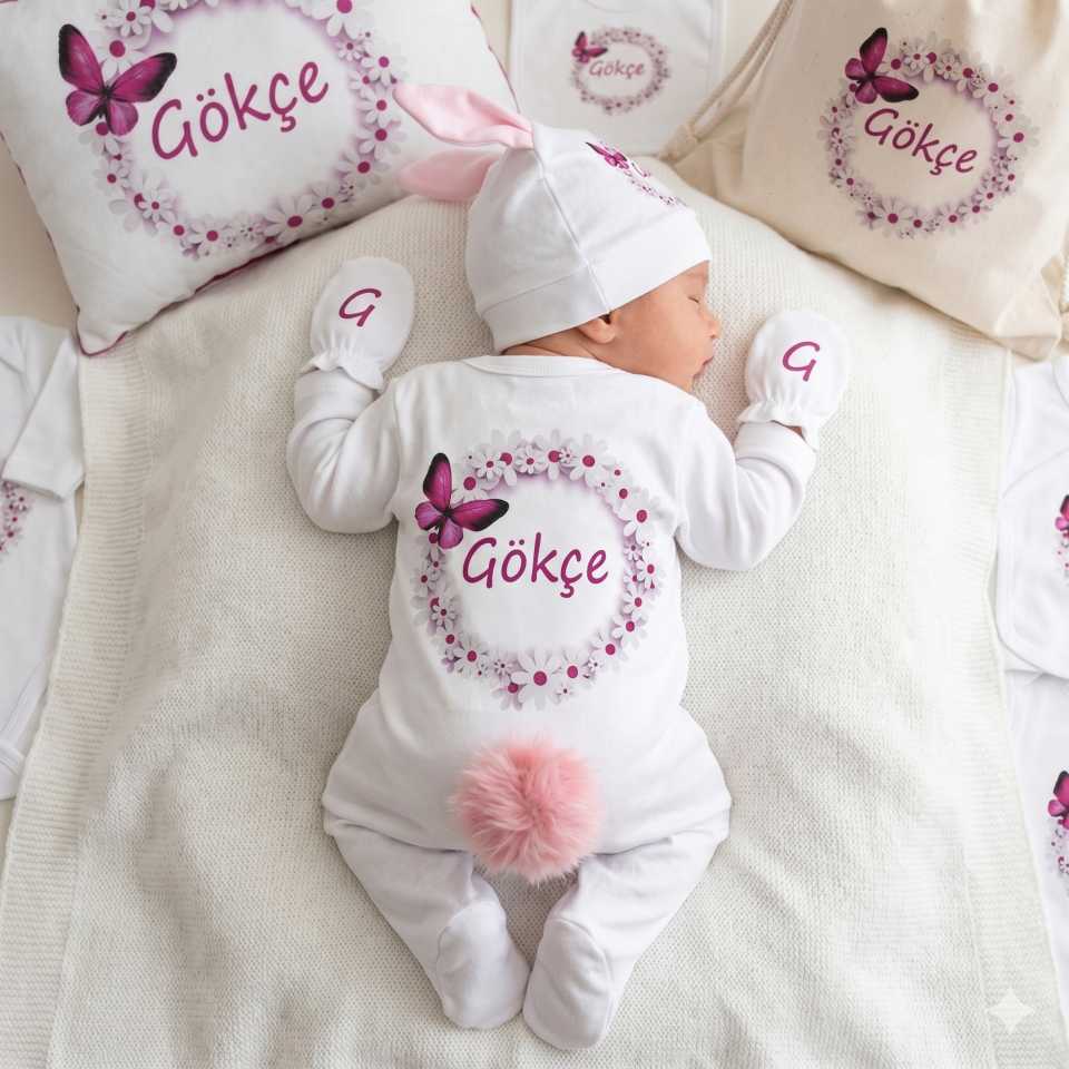 12 Parça Baskılı Pembe Kelebek Desenli Hastane Çıkış Set