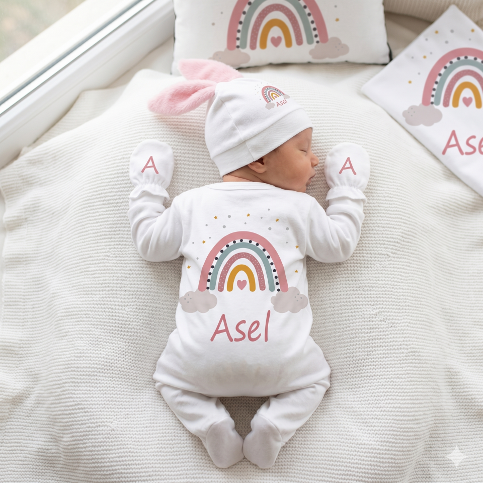 12 Parça Baskılı Gökkuşağı Desenli Hastane Çıkış Set
