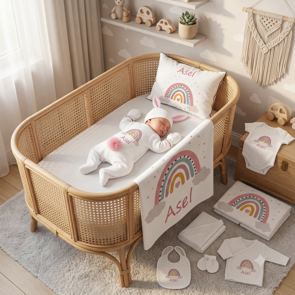 12 Parça Baskılı Gökkuşağı Desenli Hastane Çıkış Set