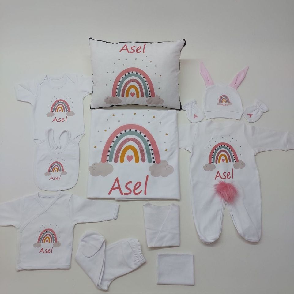 12 Parça Baskılı Gökkuşağı Desenli Hastane Çıkış Set