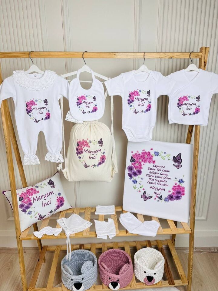 12 Parça Baskılı Mor Çiçek Desenli Hastane Çıkış Set