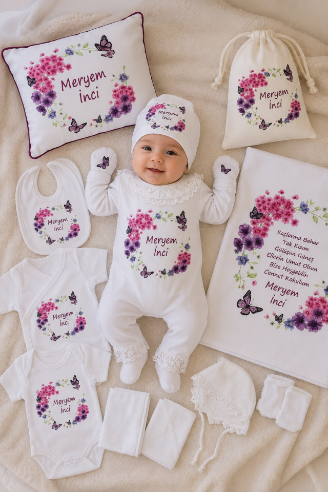 12 Parça Baskılı Mor Çiçek Desenli Hastane Çıkış Set