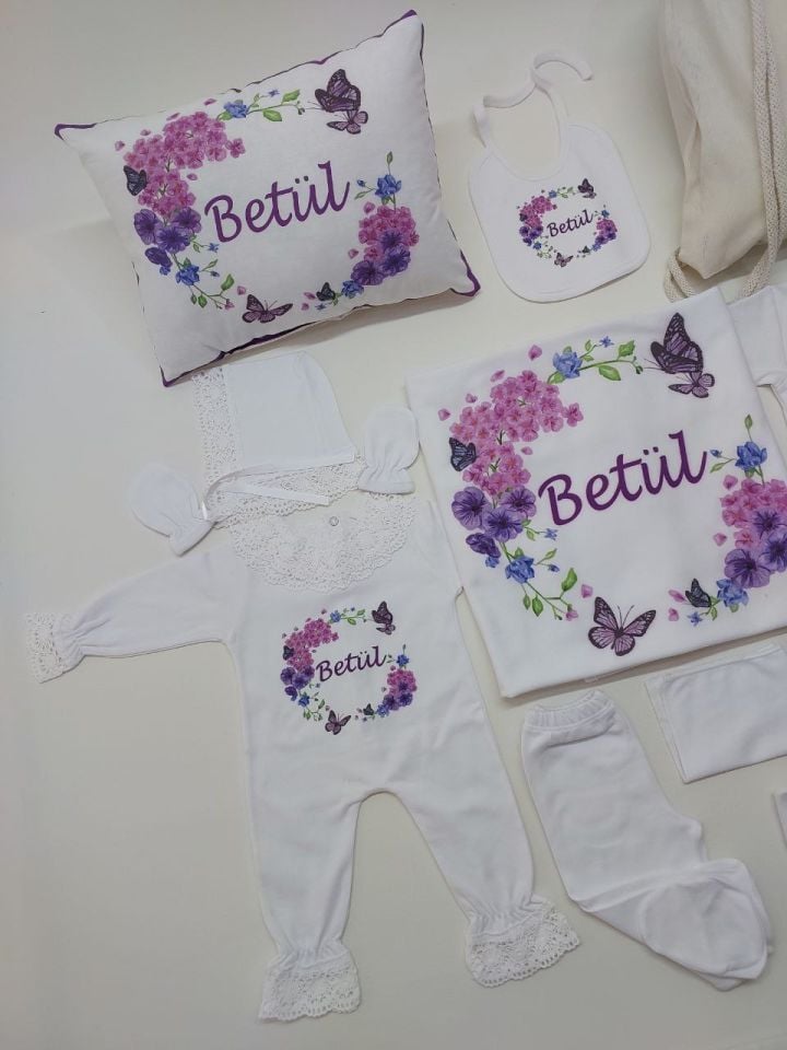 12 Parça Baskılı Mor Çiçek Desenli Hastane Çıkış Set