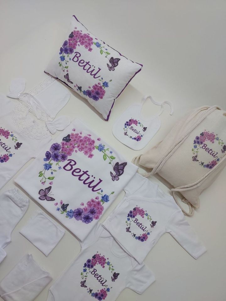 12 Parça Baskılı Mor Çiçek Desenli Hastane Çıkış Set