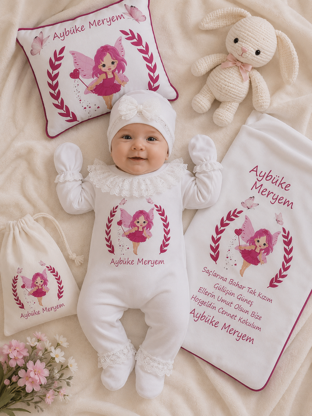 12 Parça Baskılı Pembe Melek Desenli Hastane Çıkış Set
